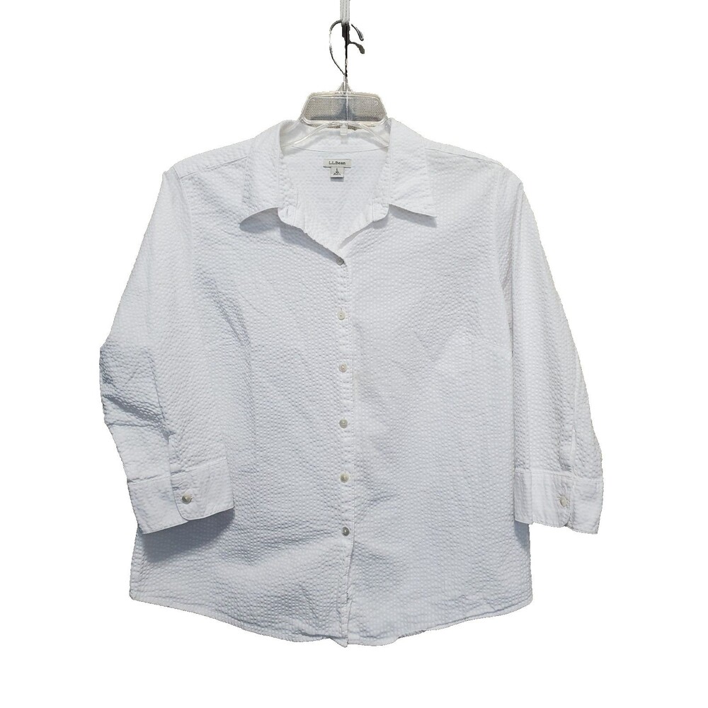 LL Bean Women's Vacationland Seersucker White 3/4 Sleeve Button-Up Shirt Large